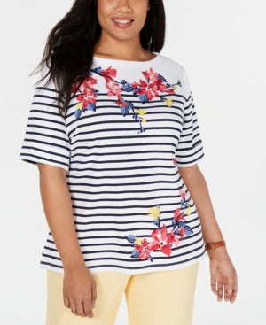 Karen Scott Womens Plus Striped Floral T-Shirt,Bright White,2X