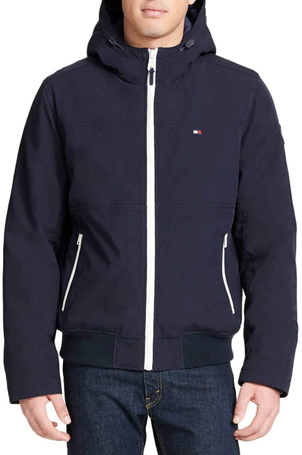 Tommy Hilfiger Mens Soft-Shell Bomber Hooded Stretch Winter Insulated Coat