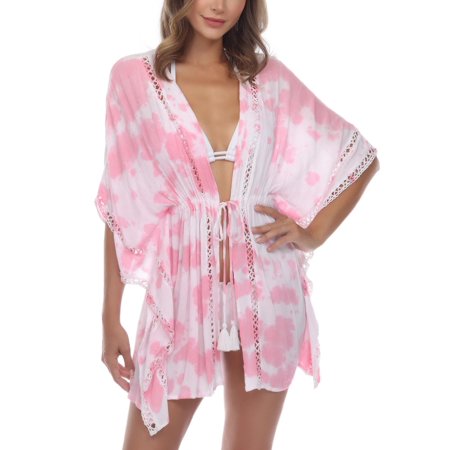 Raviya Womens Crochet-Trim Tie-Front Kimono Swim Cover-up,Pink,Medium