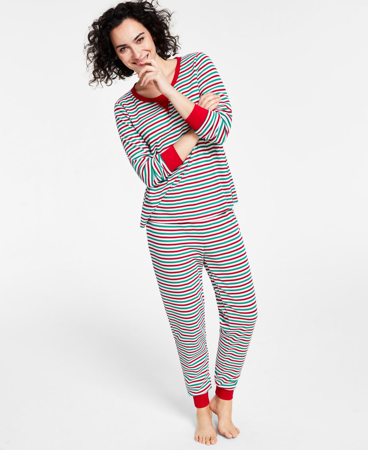 Family Pajamas Womens Matching Thermal Waffle Holiday Stripe Pajama Set