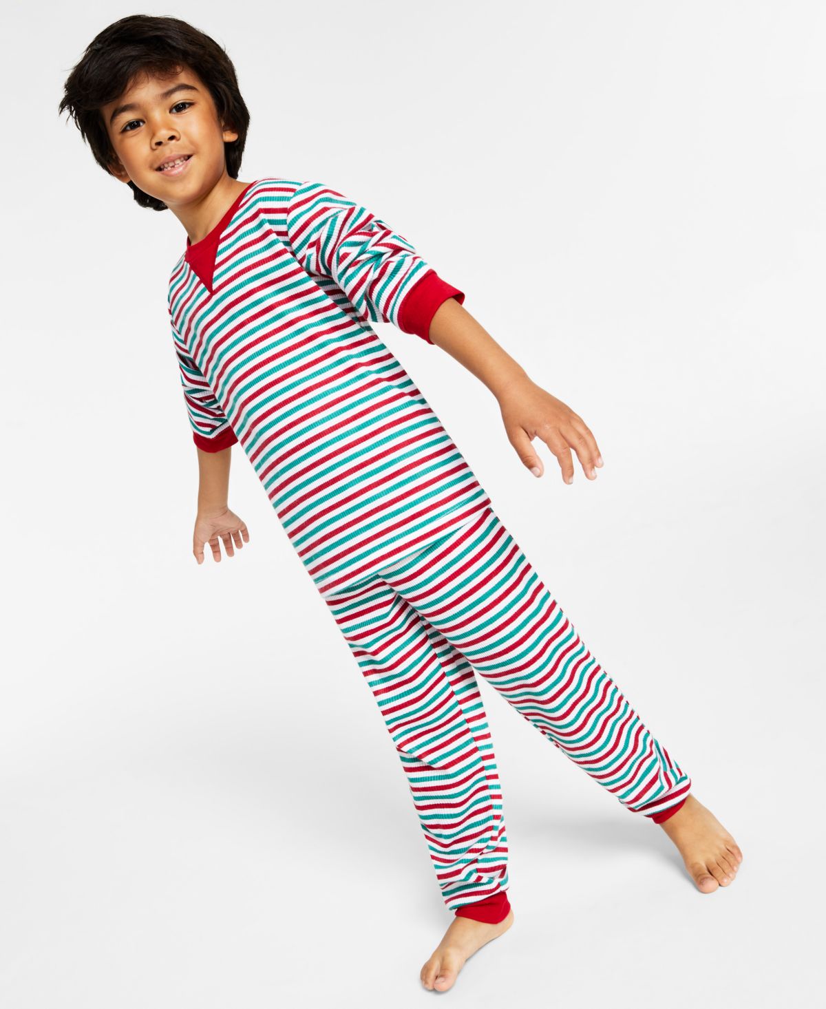 Family Pajamas Unisex Kids Matching Thermal Waffle Holiday Stripe Pajama Set
