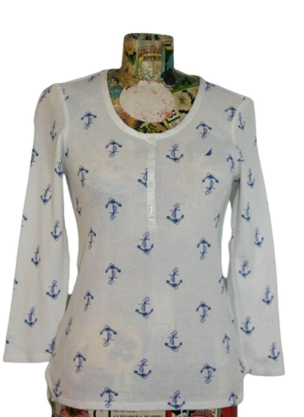 Nautica Womens Anchors Print Thermal Sleepwear Top