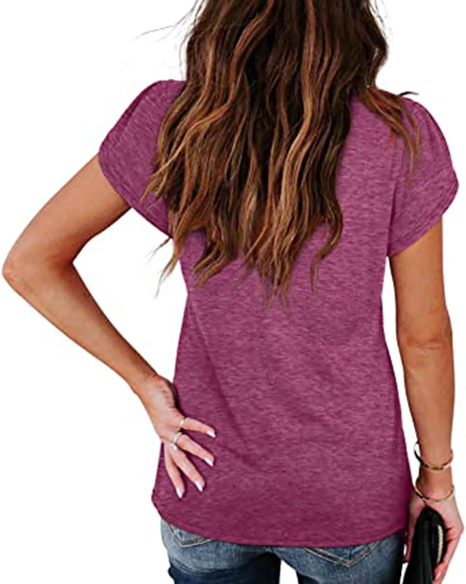 Fantaslook Womens Solid Petal Short Sleeve V-Neck Loose Fit Daily Basic T-Shirt