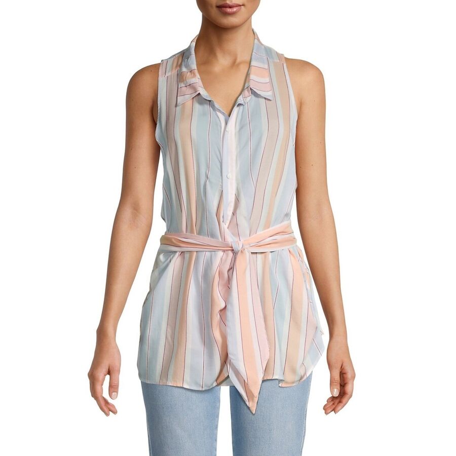 Free People Womens Striped Sleeveless Wrap Button-Up Top