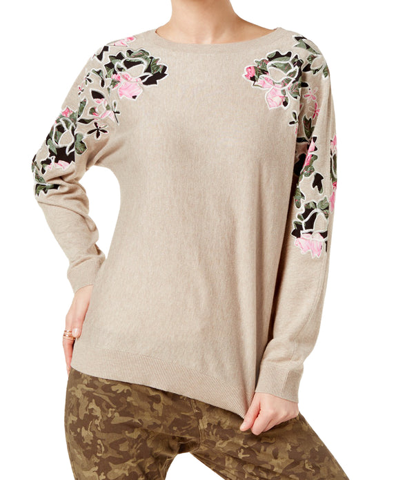 INC International Concepts Womens Petite Dolman Sleeve Applique Sweater