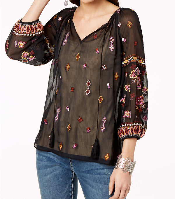 INC International Concepts Womens Embroidered Peasant Top