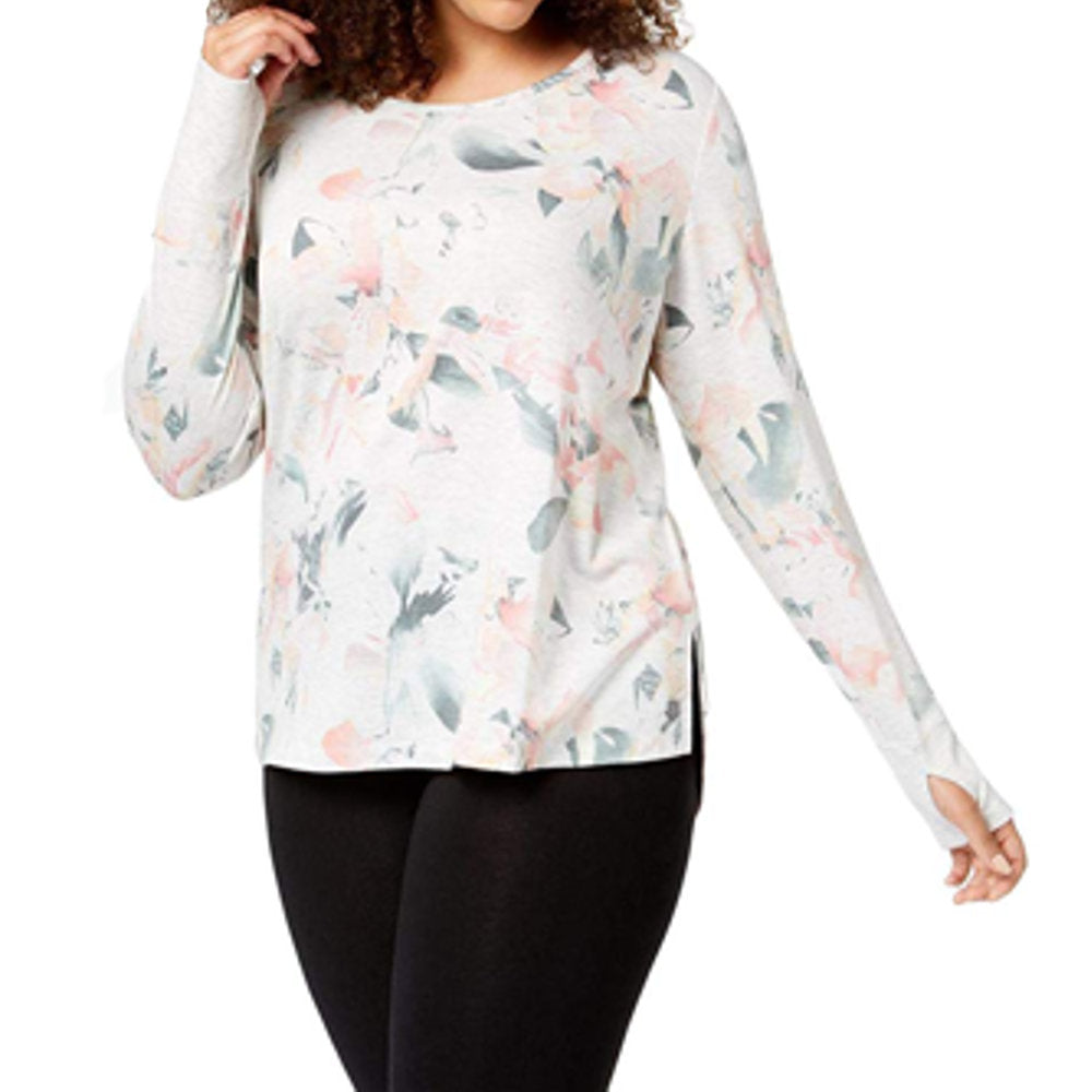 Ideology Womens Plus Long Sleeve Floral Print Knit Top