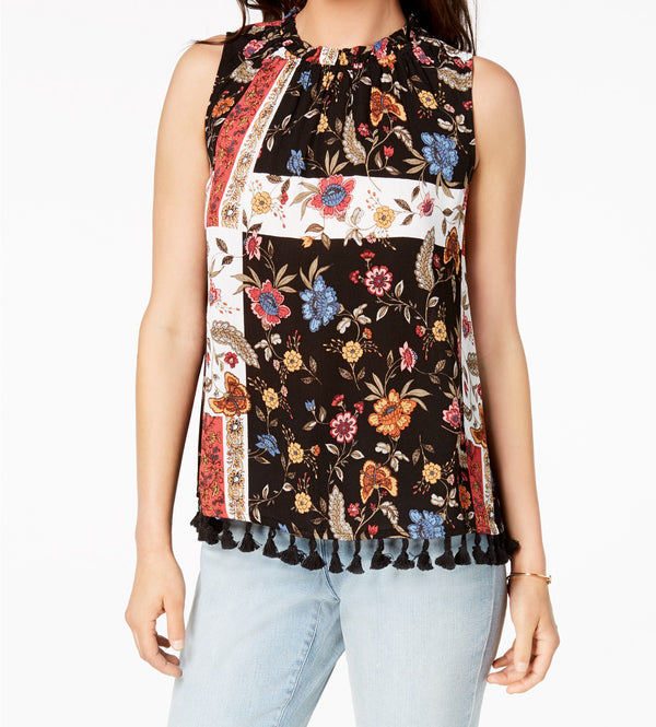 Style & Co Womens Printed Mesh Trim Top
