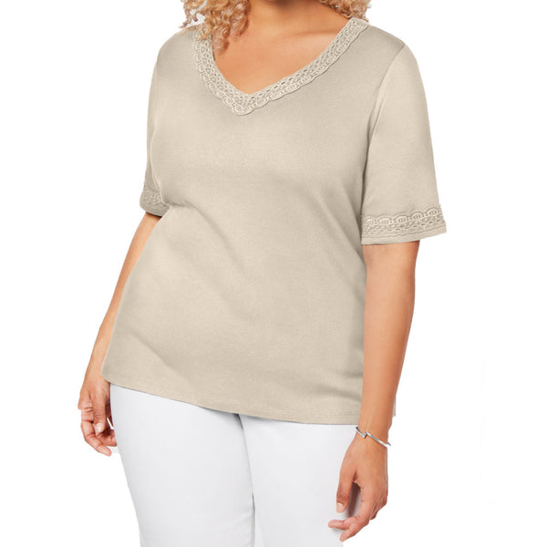 Karen Scott Womens Plus Size Cotton Lace Trim T-Shirt