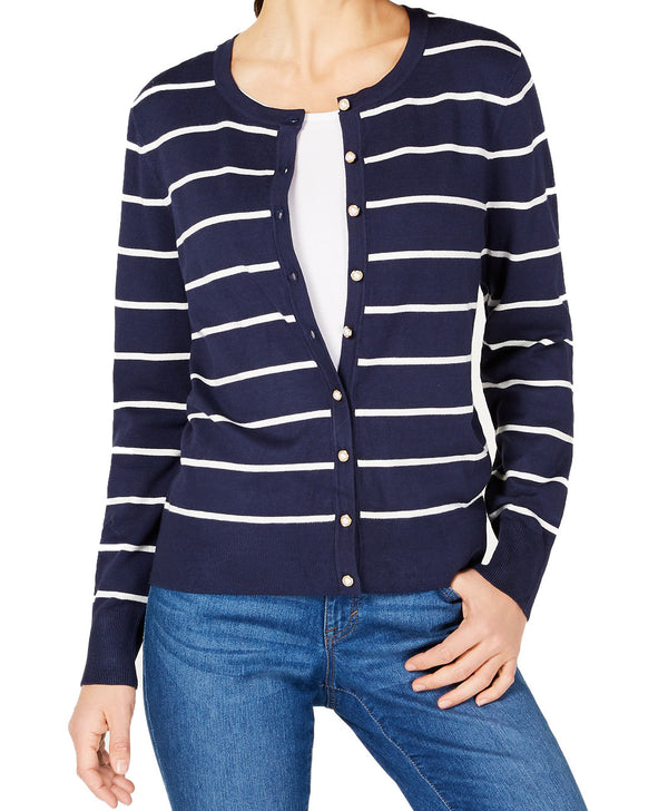 allbrand365 designer brand Womens Faux Pearl Button Striped Cardigan
