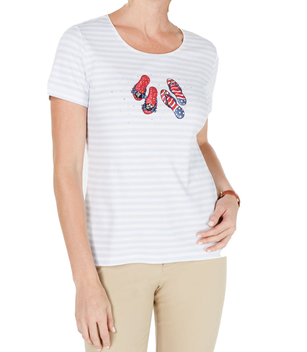 Karen Scott Womens Petite Striped Graphic T-Shirt