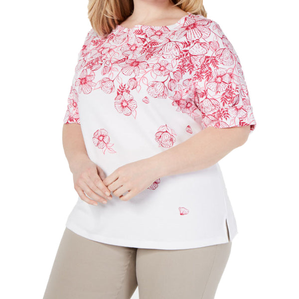 Karen Scott Womens Plus Floral Cuffed Sleeve T-Shirt