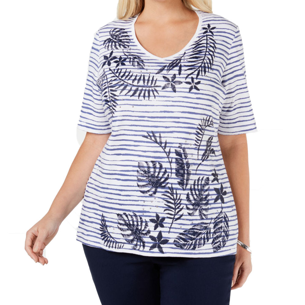 Karen Scott Womens Plus Size Embellished Printed Cotton T-Shirt