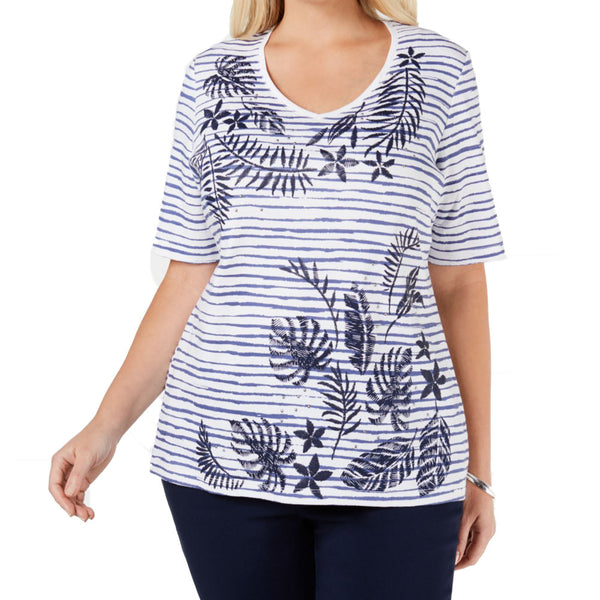 Karen Scott Womens Plus Size Embellished Printed Cotton T-Shirt