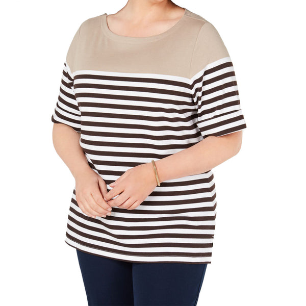 Karen Scott Womens Plus Striped Boat Neck T-Shirt