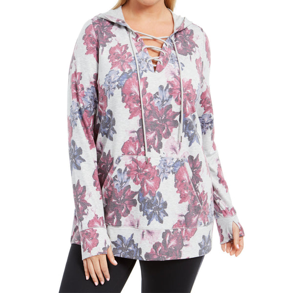 Ideology Womens Floral Print Lace Up Hoodie