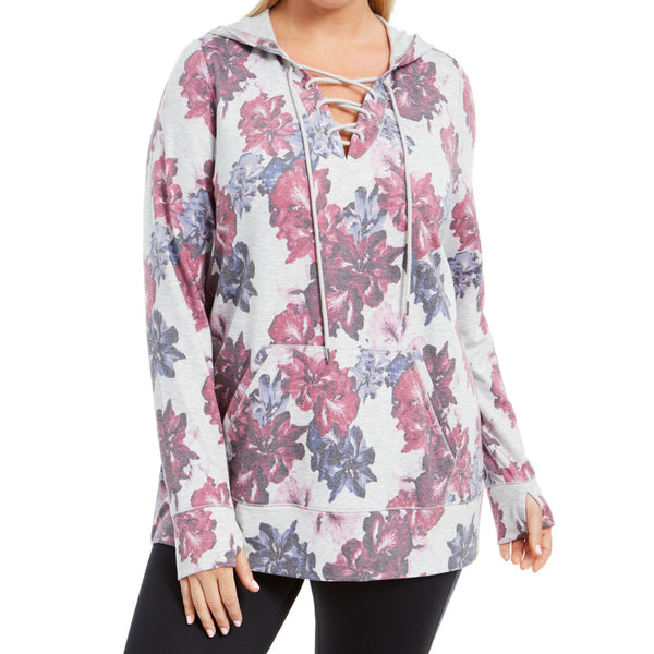 Ideology Womens Floral Print Lace Up Hoodie