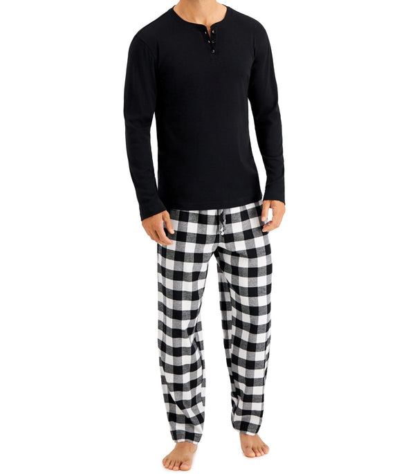Family Pajamas Mens Matching Solid Henley Top & Buffalo Check Pajama Set