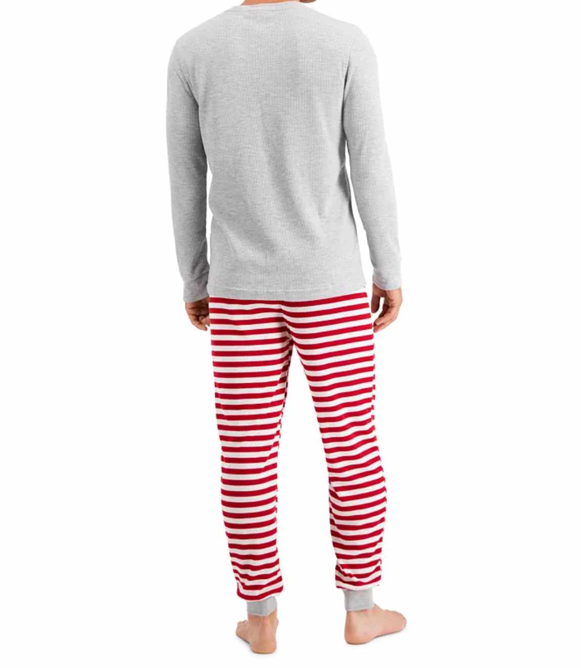 Family Pajamas Mens Matching Solid Top & Striped Pants Thermal Pajama Set
