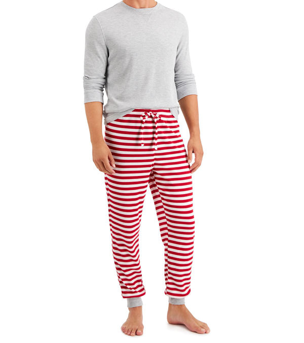 Family Pajamas Mens Matching Solid Top & Striped Pants Thermal Pajama Set