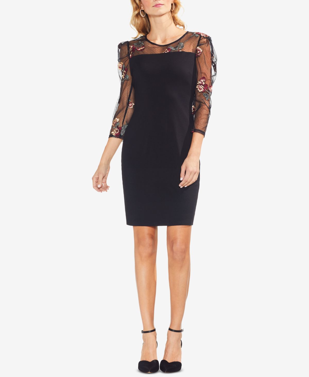 Vince Camuto Womens Embroidered Mesh-Sleeve Dress,Black,X-Small
