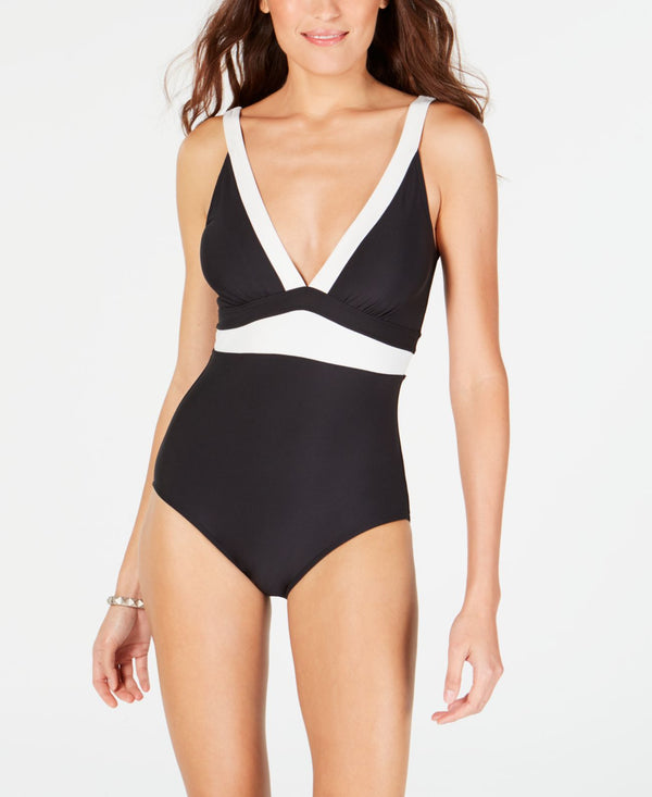 DKNY Womens Colorblocked Empire Waist One Piece Swimsuit