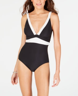 DKNY Womens Colorblocked Empire Waist One Piece Swimsuit,Black/Ivory,10
