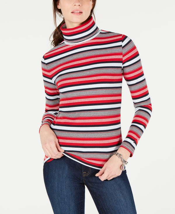 Tommy Hilfiger Womens Striped Long Sleeves Turtleneck Top