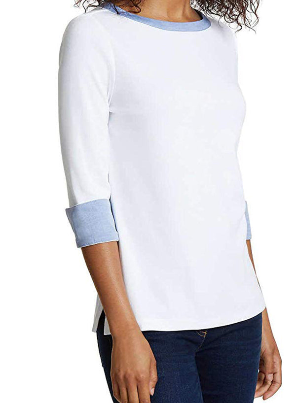 Nautica Womens 3/4 Cuffed Sleeve Chambray Casual Top,White,Large