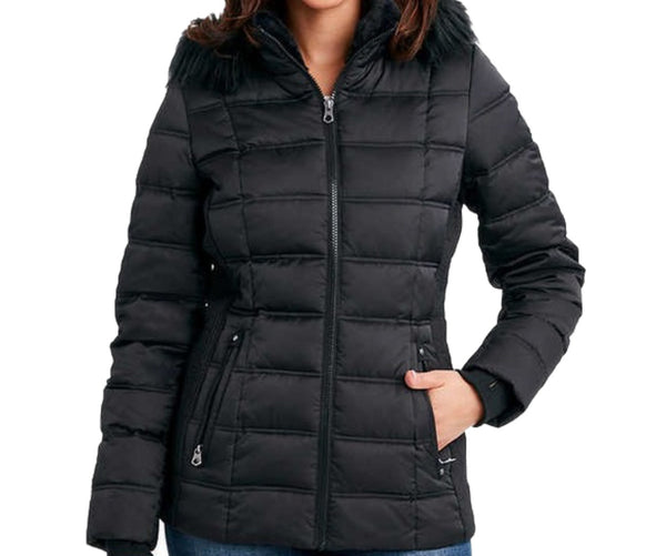 Nautica Womens Puffer Jacket Zip Off Hood with Faux Fur Trim