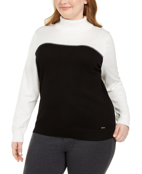 Calvin Klein Womens Plus Size Colorblocked Turtleneck Sweater