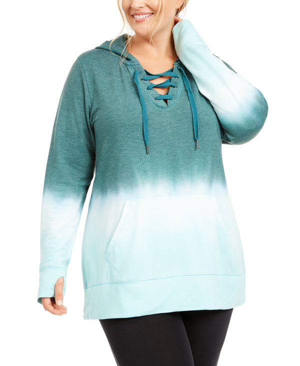 Ideology Womens Plus Size Ombre Lace Up Hoodie