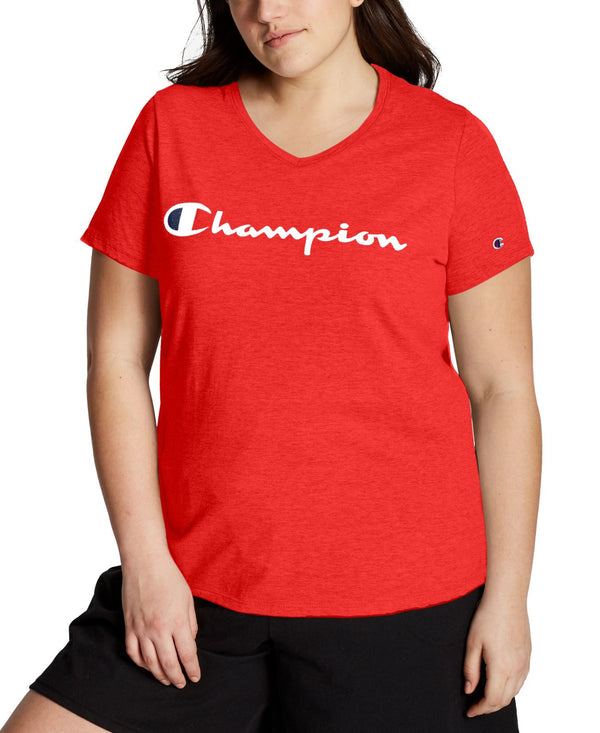 Champion Womens Plus Size Logo Double Dry Cotton V Neck T-Shirt,Red Flame,1X