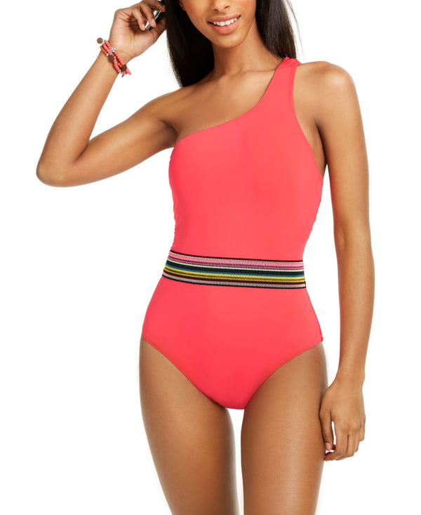 bar III Womens Cabo Wabo Asymmetrical Banded One-Piece Swimsuit,Small