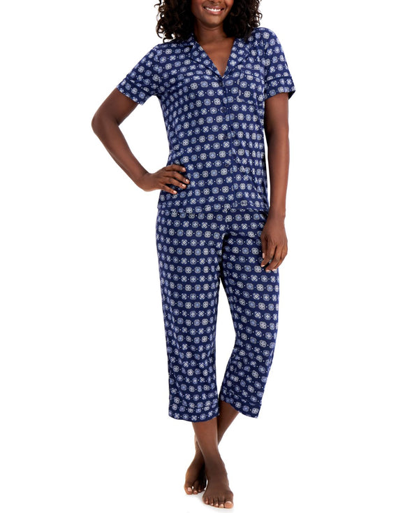 Charter Club Printed Capri Pants Pajama Set Womens,Navy Sea,X-Small