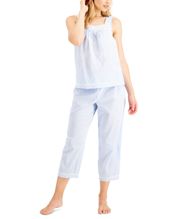 Charter Club Cotton Embroidered Capri Pajama Set Womens,Blue Alder,Medium