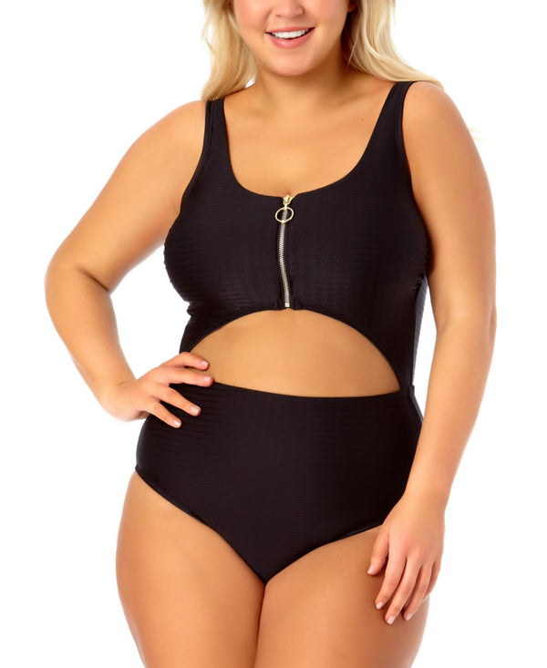 California Waves Womens Trendy Plus Size One-Piece Zip-Front Swimsuit