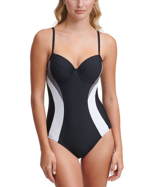 DKNY Womens Colorblocked Tummy-Control Underwire One-Piece Swimsuit