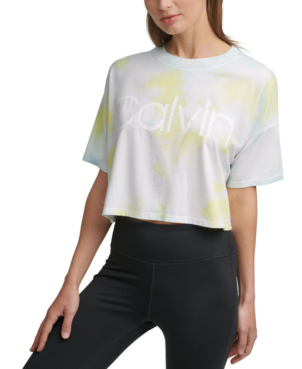 Calvin Klein Womens Performance Cropped Tie-Dyed T-Shirt,Kensington Lime Zest,Small
