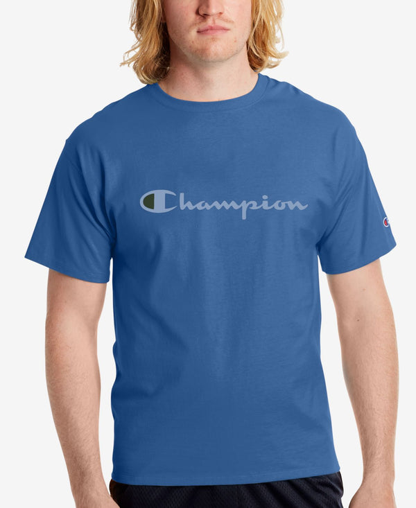 Champion Mens Script Logo T-Shirt,Blue,Small
