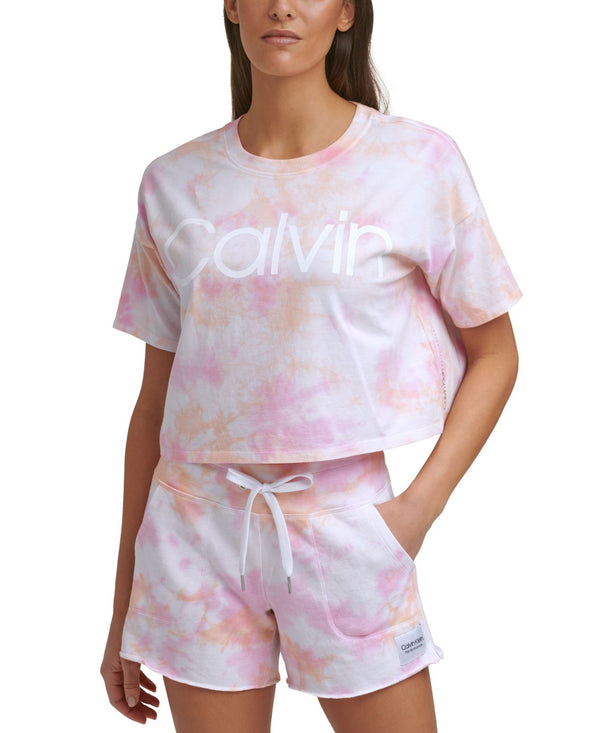 Calvin Klein Womens Performance Cropped Tie-Dyed T-Shirt,Kensington Peach Kiss,X-Small