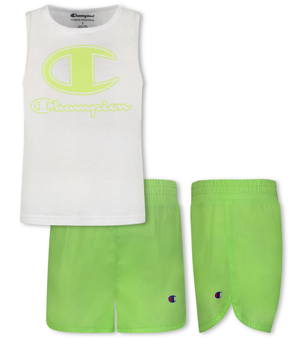 Champion Little Kid Girls C Script Tank and Woven Short Set of 2,White/Bright Lime,2T