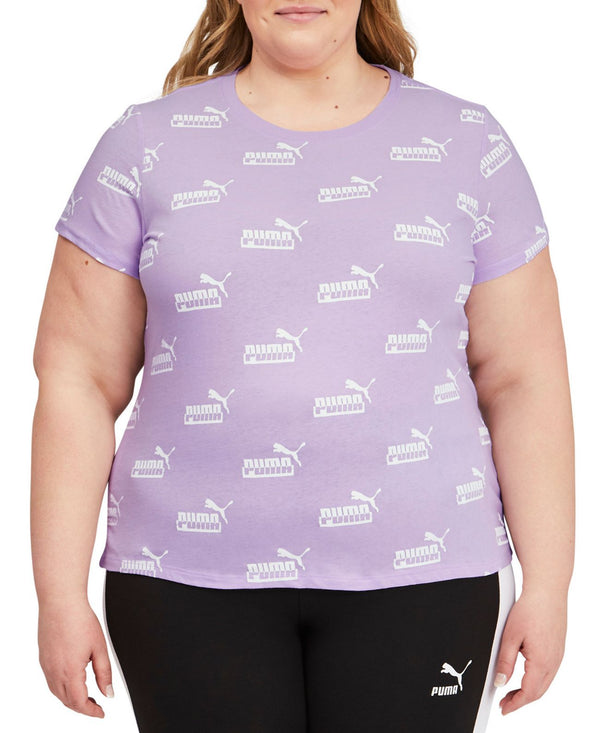 PUMA Womens Cotton Amplified Allover Logo-Print T-Shirt,Light Lavender/White,1X