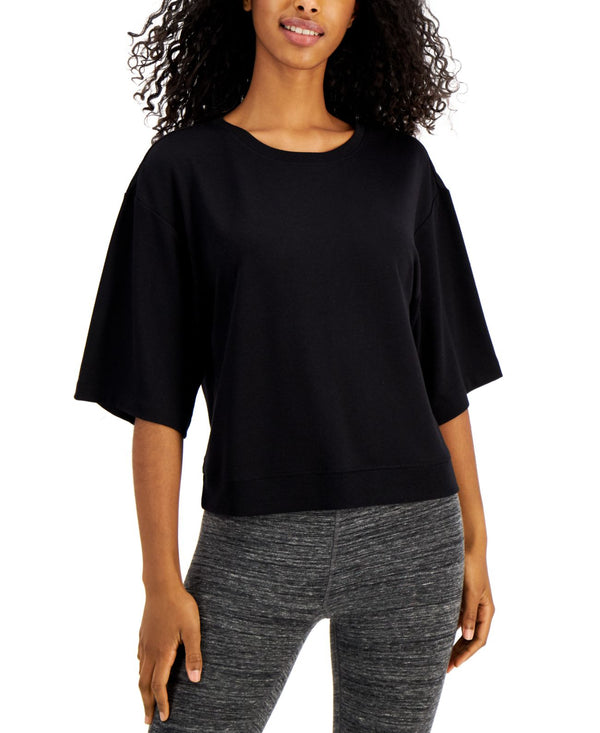 Ideology Womens Cropped Elbow-Sleeve Top,Deep Black,Small