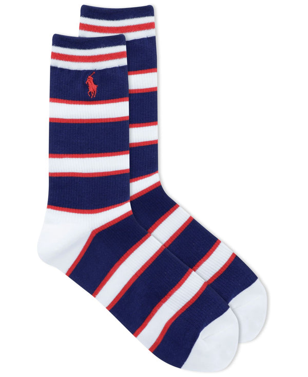 Polo Ralph Lauren Womens Navy Striped With Logo Ribbed Novelty Crew Socks