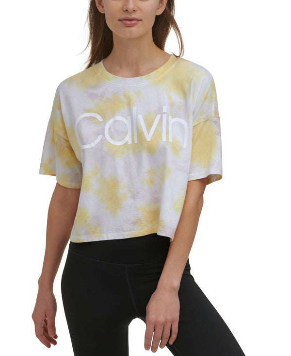 Calvin Klein Womens Performance Cropped Tie-Dyed T-Shirt,Kensignton Daffodil,Medium