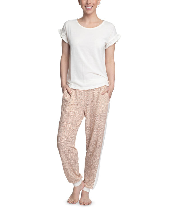 MUK LUKS Womens Ruffle Sleeve Top and Printed Jogger Pants Pajama Set,X-Large