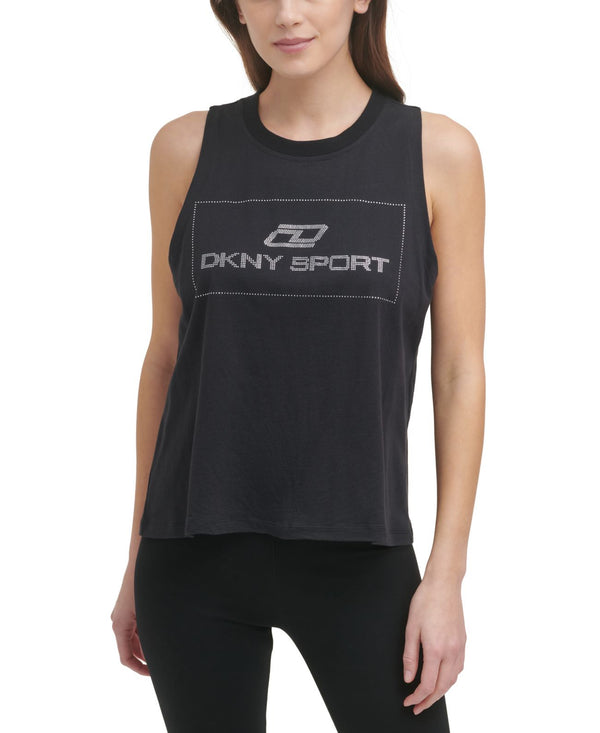 DKNY Womens Cotton Embellished Logo Tank Top Black Medium