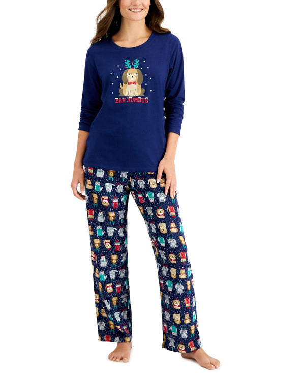 Family Pajamas Womens Bah Humbug Novelty Printed Pajama,Blue,Medium