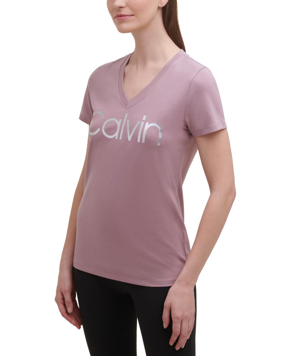 Calvin Klein Womens Performance Logo T-Shirt,Stardust/Silver,Small